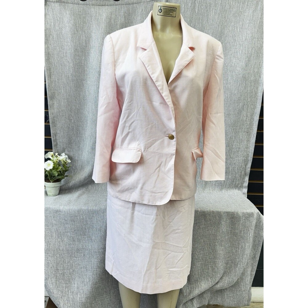 Vintage Boston Traveler Button Blazer Skirt Suit Set Pink Rayon Blend Woman 16